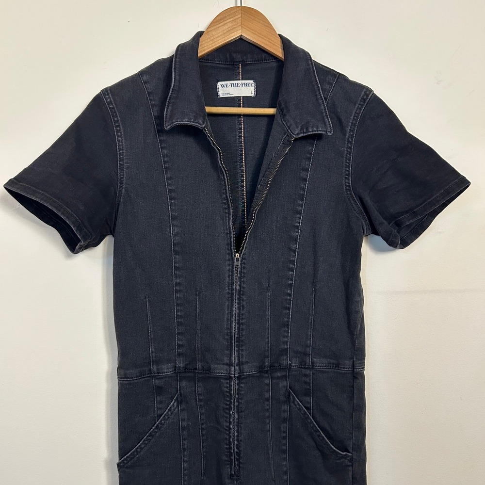 We The Free Black Short-Sleeve Denim Jumpsuit